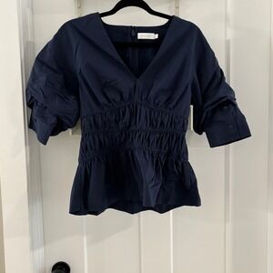 Jonathan Simkhai Yuni Top Navy Blue Peplum Blouse Ruched Puff Sleeve Size 4 $295